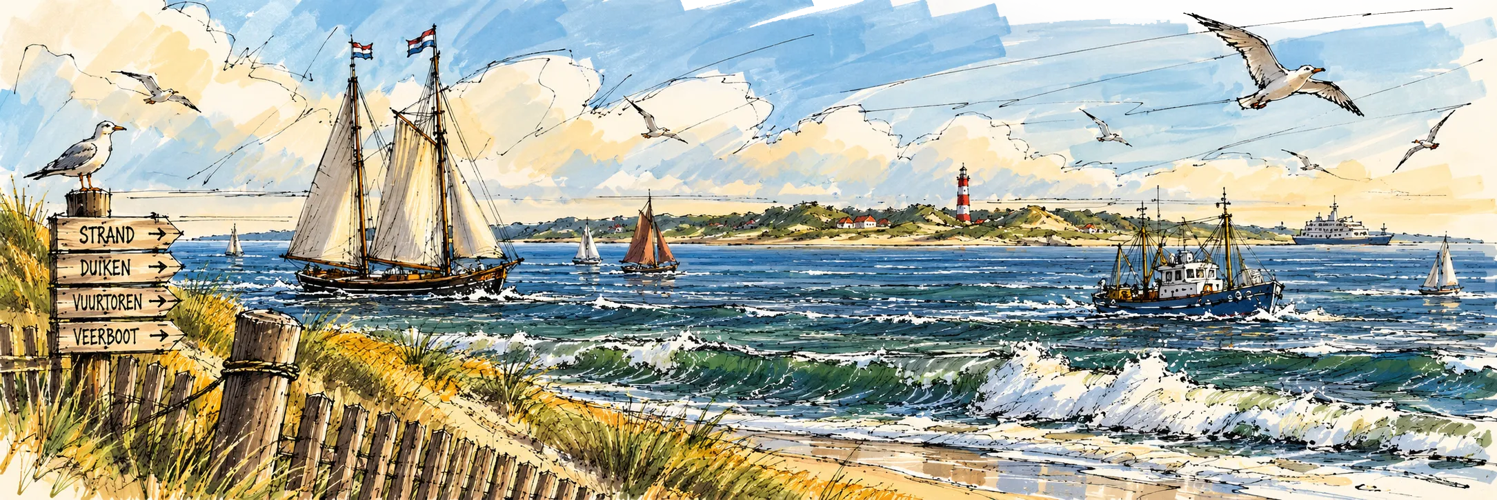 Illustratie van duinen, golvende zee met zeil- en vissersboten, vuurtoren, meeuwen en een houten wegwijzer.